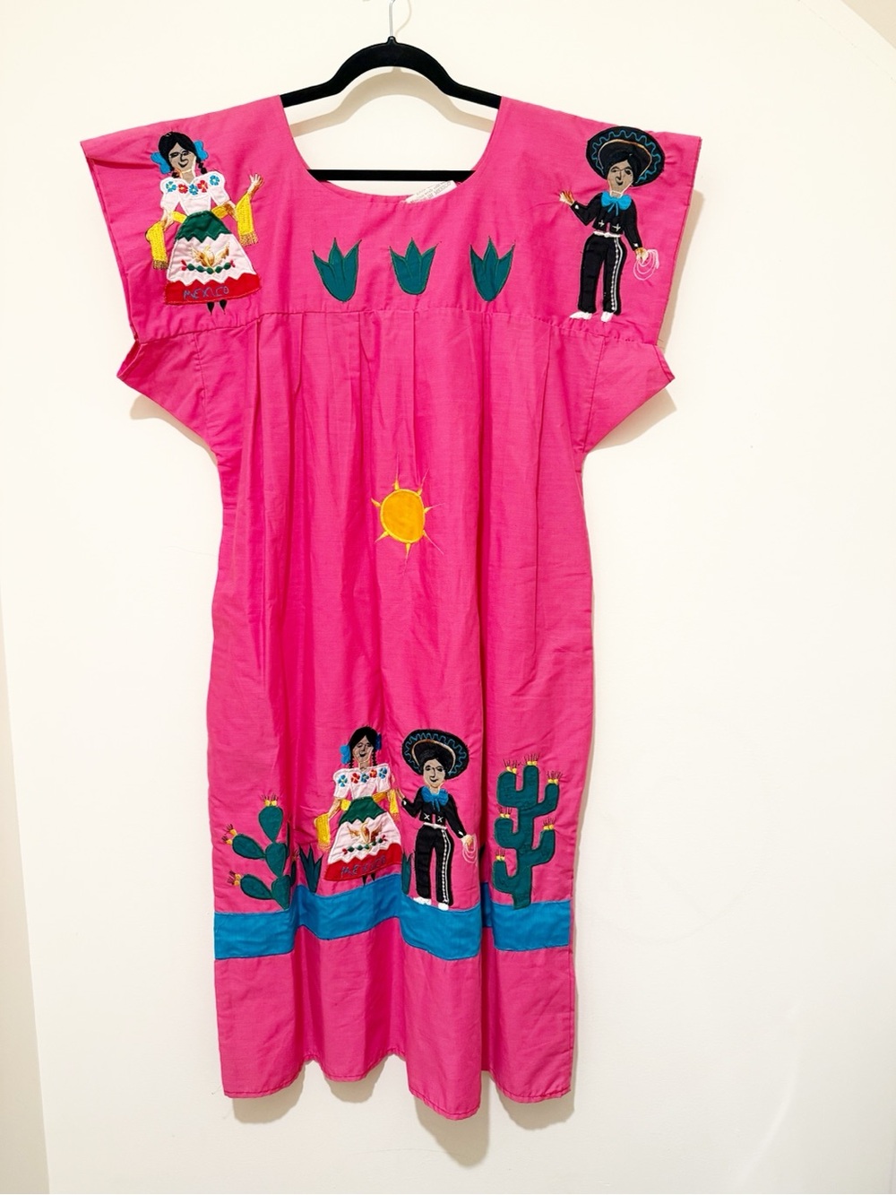 Vintage 70s Pink Embroidered Mexican-Style Midi Dress